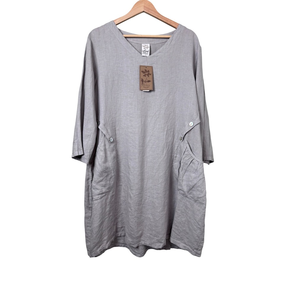 Match Point Linen V-Neck Tunic Dress Grey Layering Lagenlook Pockets Large NEW